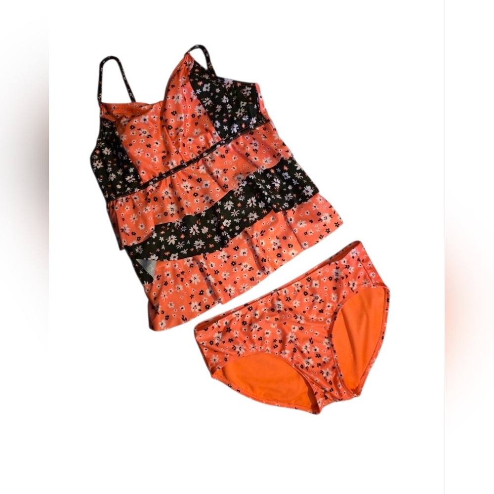Justice 2-Piece Tankini Swimsuit, Girls/Tween/Teen Size XL (16/18), Floral/Coral
